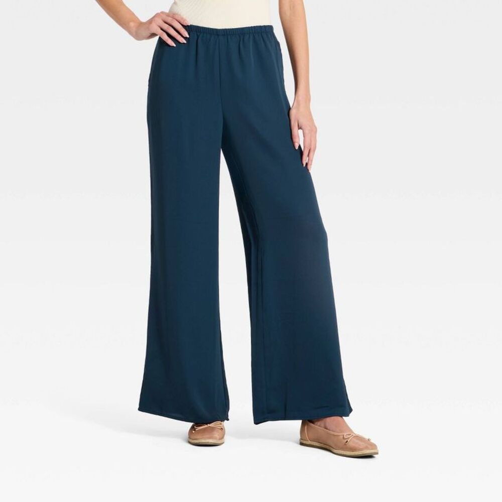 Women's Modern Wide Leg Pull-On Pants - A New Day Navy Blue L